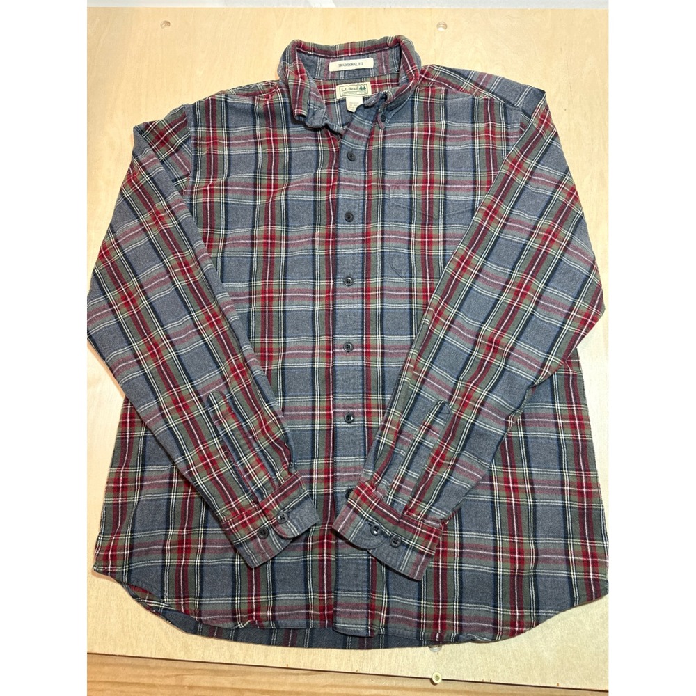 LL Bean Vintage Flannel Shirt Mens M Red Gray Plaid 90s Cotton Traditional Fit